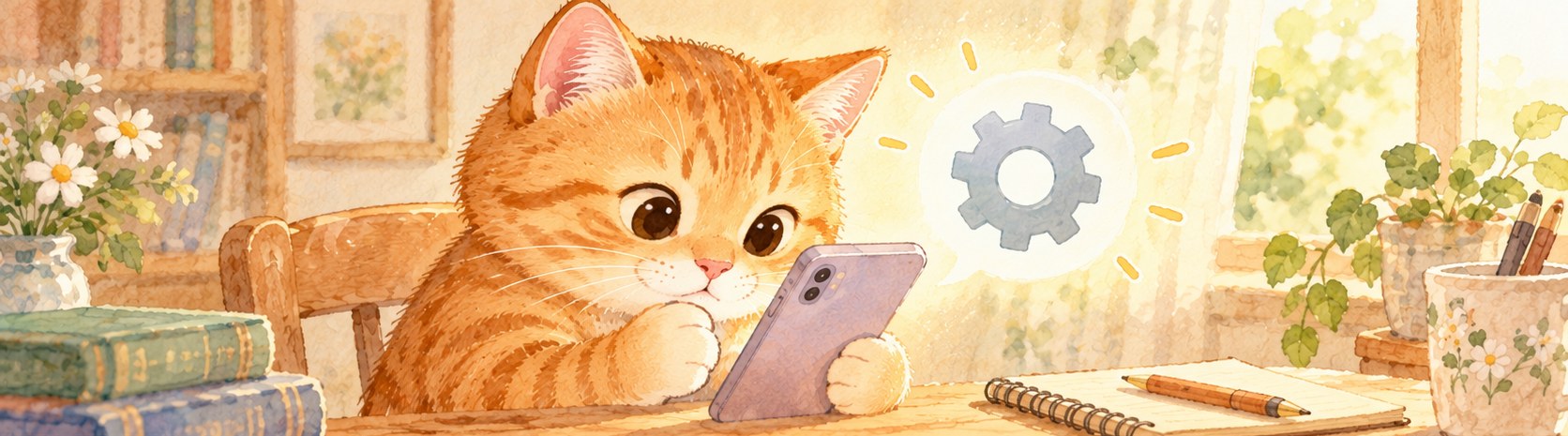 スマホの設定画面をのぞきこむ茶トラのねこ