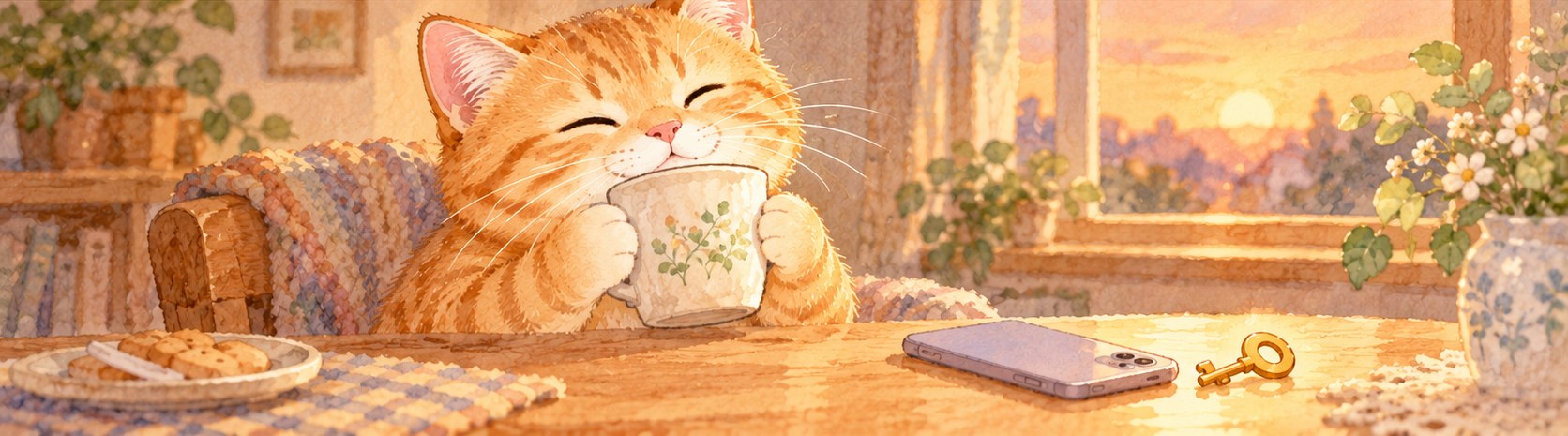 窓辺でお茶を飲んでひと息つく茶トラのねこ
