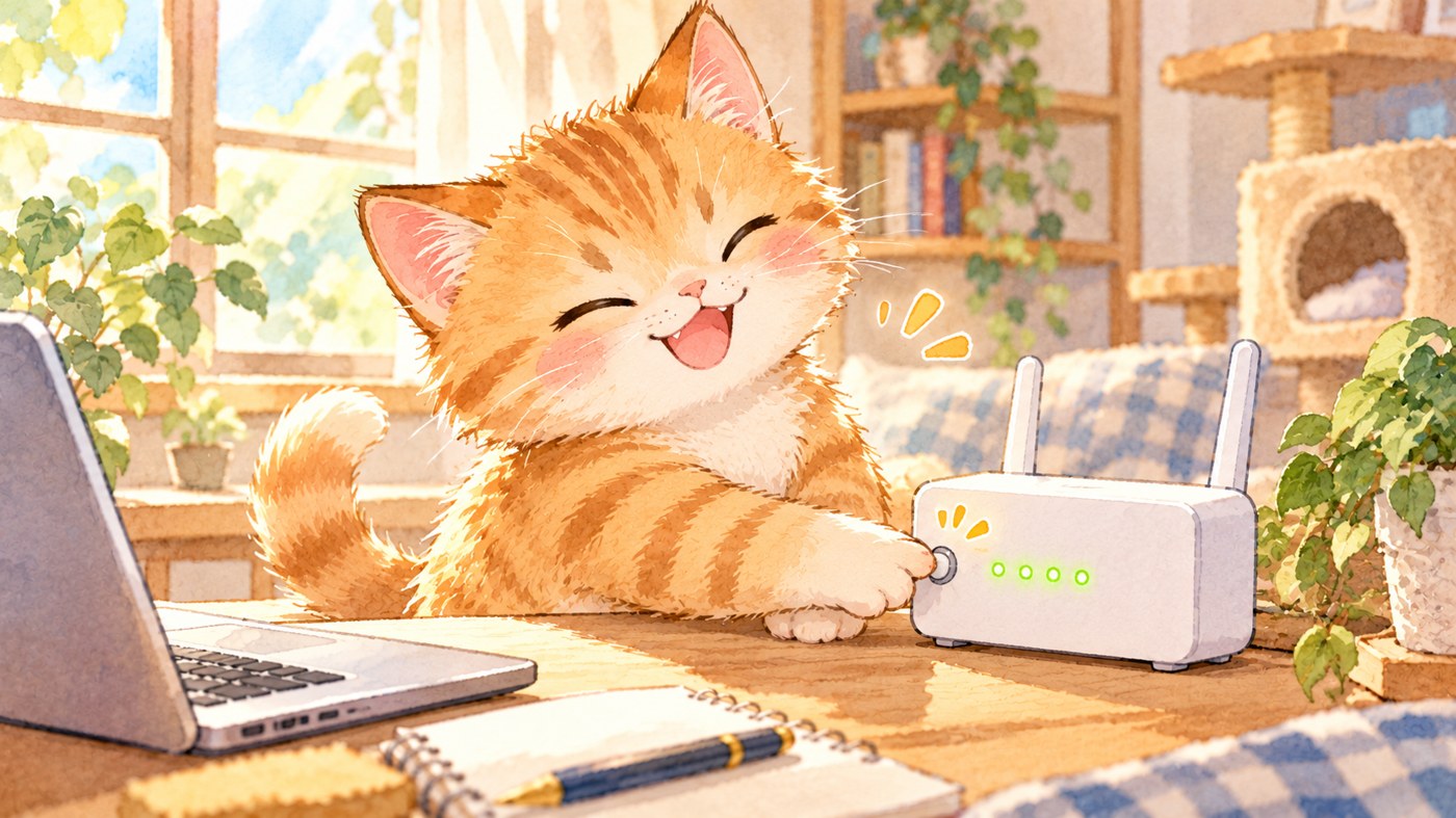 ルーターのボタンを押す猫のイラスト
