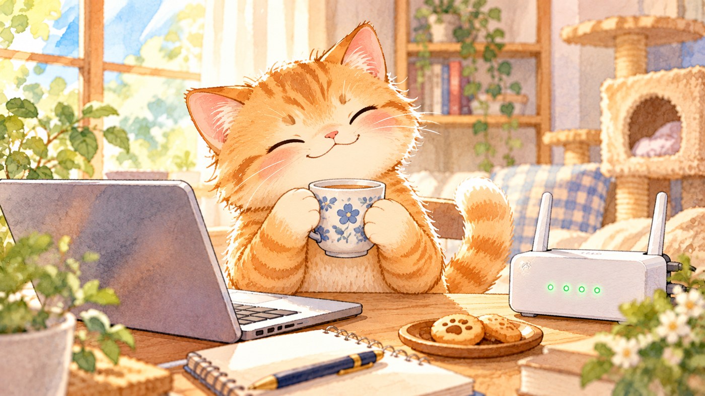 お茶を飲んでほっとひと休みする猫のイラスト